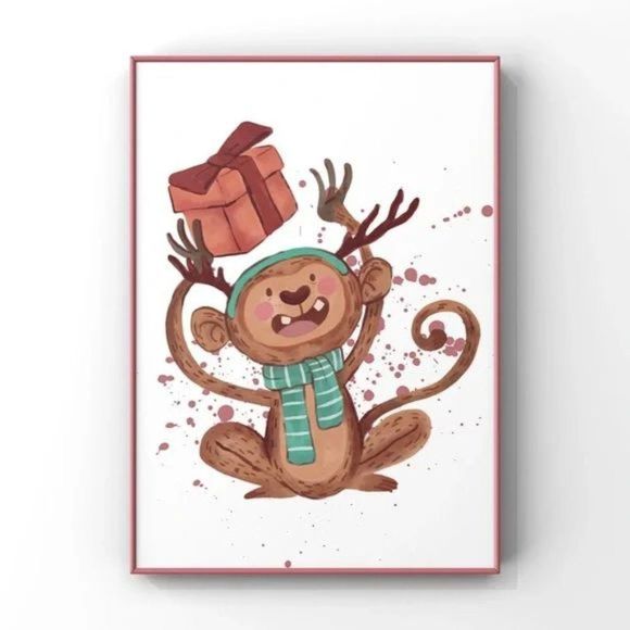 Christmas Animal Wall Art Winter Holiday Monkey with gift home decor art Print - Picture 1 of 4